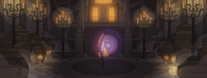Digital illustration of Oedon Chapel from Bloodborne. The chapel is lit by a warm orange glow from the candelabras along its walls and orange light from a sunset coming through the far windows. A purple lantern sits in the center of the floor. A fog from incense hangs on the floor. Old fabric is draped from the ceiling and large jars sit along the walls.