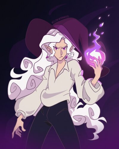 Art in the style of Studio trigger. Character is a witch with white hair, casting a spell shown as a bright purple flame in their hand.