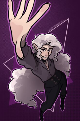 Digital art illustraton. Character with long white hair and purple eyes reaches up towards the camera