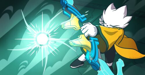 Digital art illustration, fanart from the video game Nine Sols. The character Yi shoots a bow and arrow a bright ball of energy illuminating where the arrow would be.