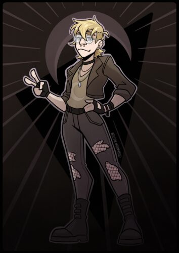 Digital art drawing of a character. They have blond hair with the sides shaved, a nose ring, and several pierces along their ears. Their outfit has muted colors, a brownish green cropped jacket with a light green shirt underneath, grey jeans with holes. The symbol of a crescent moon is on their shirt and in the background behind them.