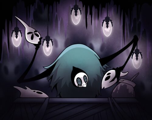 An illustration of the mask maker from Hollow Knight. The mask maker holds up two different masks, a third on the table, deciding which to wear next.