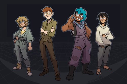 Digital illustration of four characters in a lineup. The first wears a teal mechanics uniform, the shortest of the group with wavy blond hair. The second wears a sweater and rectangular glasses, with red hair, the tallest. The third has bright blue hair and purple overalls. Last has unkempt straight black hair and a light grey sweater with stains.