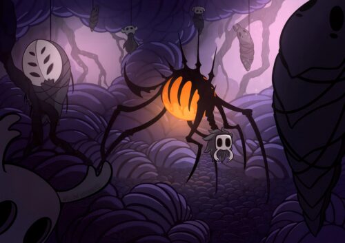 Digital illustration. The background is a cave of dark purple and pink colors. A creature stands in the center, Nosk, with spindly black legs and spikes down it's back, it's stomach bright glowing orange. The corpses of other creatures hand around its lair.
