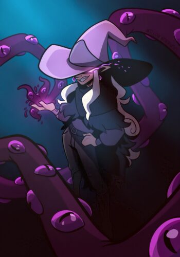 Digital illustration. A witch character with white hair and a raven feather cloak casts a spell. Their eyes are hidden behind the brim of a witch hat. The spell from their hand spends tendrils with bright purple eyes spiraling out.