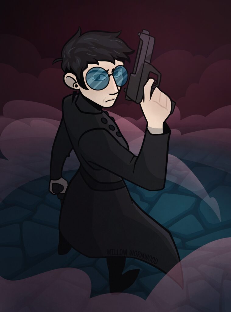 Digital cartoon style illustration of an androgynous middle-aged character surrounded by red smoke standing on teal stones. They have dark eyes behind blue tinted circular glasses. They wear a dark trench coat and have a dangling ear piercing. They hold pistols in both hands.
