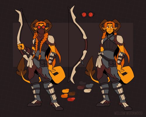 Character sheet drawing of a tiefling. He has long orange hair, golden skin, and brown curved rams horns. He has a long tail with a brown colored spade at the end. His outfit is muted blues and reds with boney armor plating throughout. The clothing is tattered and cobbled together. He has a bow and bright red goggles.