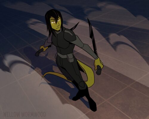 Character standing posed with two long knives. He has green scaly skin, yellow reptilian eyes, and straight black hair down to his shoulders. He wears a dark armored bodysuit.