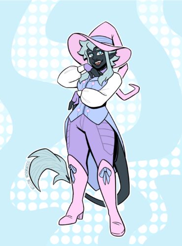 Drawing of a tiefling character. She has dark grey-blue skin and bright pale blue hair. Her hair is cut choppily, with longer strands in the front. She wears a bright pastel blue, pink, and purple outfit with a white undershirt. She looks like a performer, wearing a witch hat and overcoat.