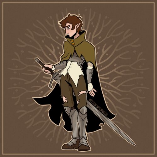 A digital drawing of an elf wearing light metal armor and carrying a longsword. He looks disheveled, his clothes are tattered and worn, and he has bags under his eyes. He has reddish brown wavy hair cropped short.