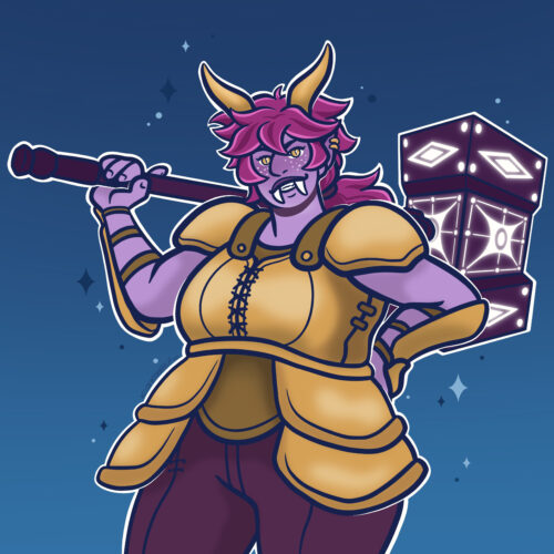 Drawing of a tiefling in gold armor. Her skin and hair are pink, and she has golden horns and eyes. She has a large warhammer.