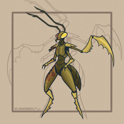 Digital drawing of an insectoid character based on a mantis. He has a green exoskeleton and damage to his right side, with burn marks on his right thigh, arm, and eye. His right mantis arm is gone, only burn marks left in its place.