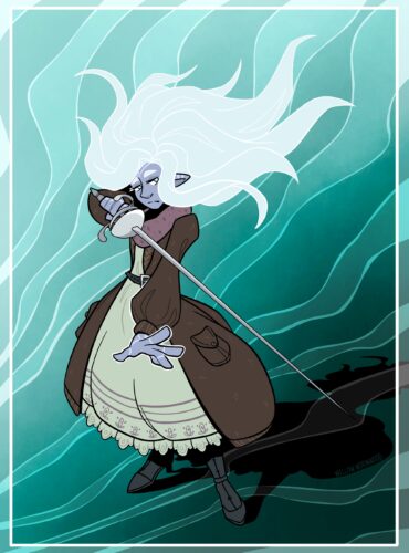 Credit to artist miukumauk for the pose idea. Digital drawing of a character in a long dress holding a rapier sword. She stands with one arm outstretched, the other holding the sword raised across her chest. She has blue skin with light blue markings, and long white hair that floats above her. Their outfit has muted browns, greens, blues, and purples. Earth colored tones despite the air and wind theme. The background has whisps of wind blowing past her from the foreground. She looks calm, almost tired, looking in the direction her sword is pointed with an almost somber expression.