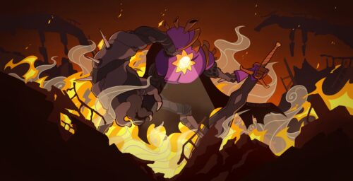 Digital illustration of the Sir Arthur android from the animated show Knights of Guinevere. Smoke and flames curl around the android, and the surrounding landscape is covered in broken debris of concrete and metal. It carries a massive greatsword in it's left hand, now planted into the ground by it's side, and stands hunched over. The android’s right arm is a grotesque combination of organic and mechanical, with misshapen fingers and spikes protruding at random points. The android's face is small by comparison to its body, set in the center of its torso and resembling a sun, emanating a beam of bright light as it scans its surroundings.