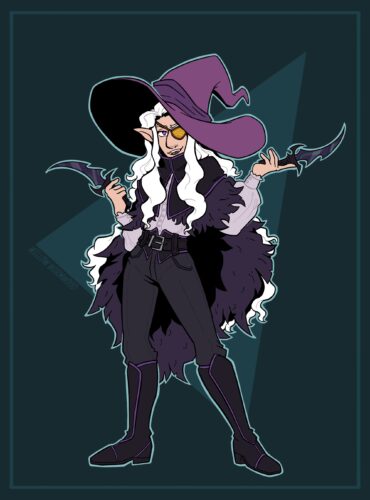 Digital illustration. Character who looks like a witch posed with two daggers. They have long white fluffy hair. Only one of their eyes is visible, sharp with a purple iris. The other eye is covered with a gold eyepatch with a simple yellow leaf design. They have a large pink witch hat and a black cloak with raven feathers. The daggers they hold in each hand have sharp jagged hilts and curved blades. The background they stand in front of is teal.