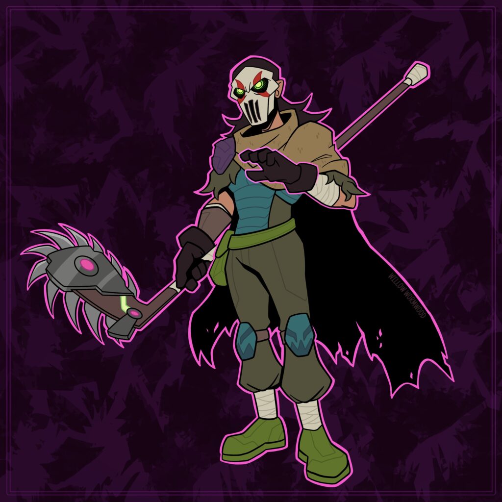 Digital drawing of Casey Jones from Rise of the Teenage Mutant Ninja Turtles. He wears a cobbled together outfit, having clearly taken pieces of different sets of clothes and armor and combining them. His weapon is a hockey stick that has been modified with tech parts, with saw blades circling the edge of it and glowing with pink and lime green highlights.