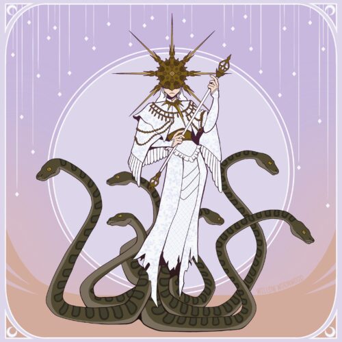 Digital Illustration of the Dark Souls boss Dark Sun Gwyndolin. The character wears bright white robes with intricate silvery blue detailing, and gold ornamentation. He wears a mask resembling the sun, with sharp spikes protruding from it. Rather than legs, a tangle of python snakes emerge from the bottom of the robes, holding the character aloft in the air. The background is light purple and orange, with moon and star motifs.