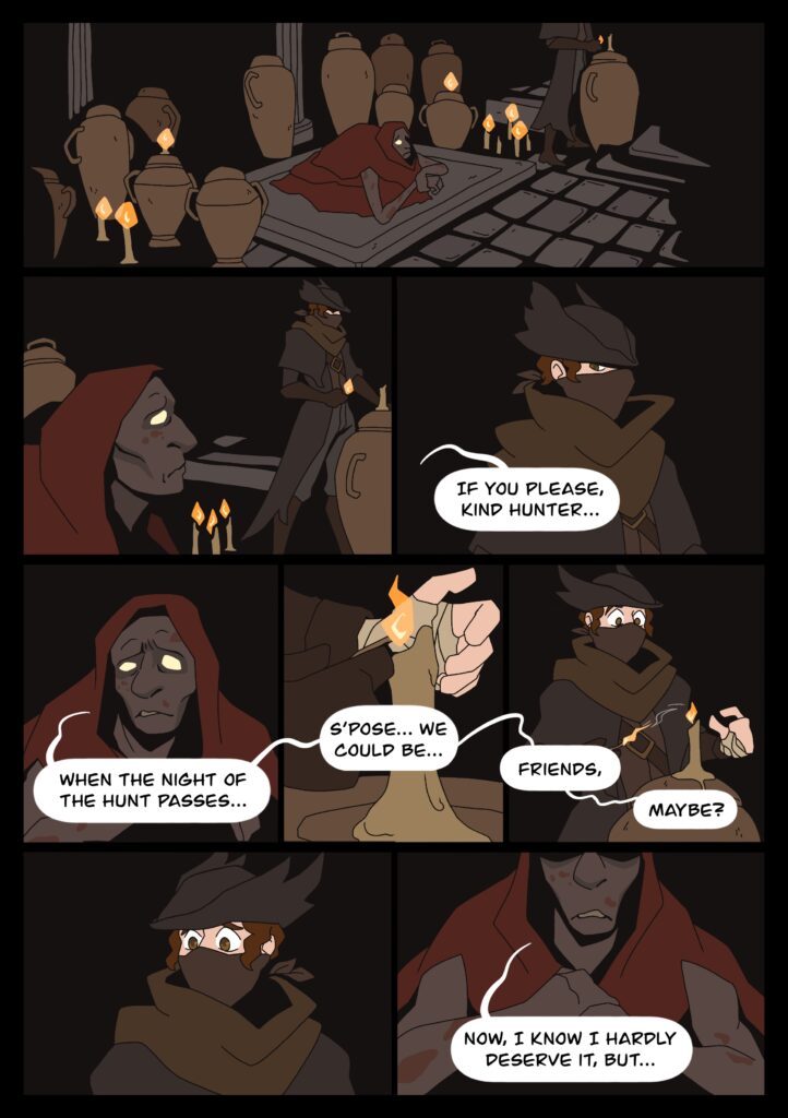 First page of a two page Bloodborne fanart comic spread. The panels show the oedon chapel dweller speaking to a hunter. The text reads "If you please, kind hunter. When the night of the hunt passes, suppose we could be, friends, maybe? Now, I know I hardly deserve it, but." The text cuts off, continuing on the next page.