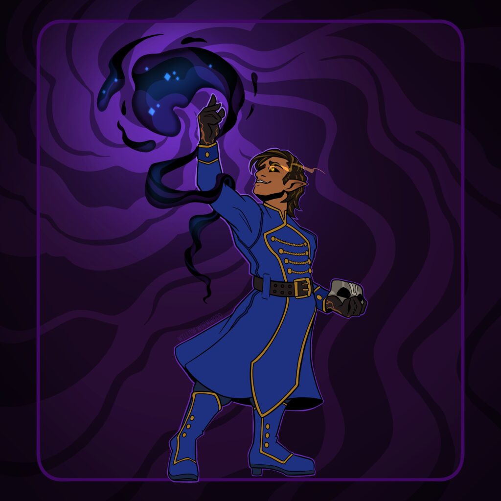 Drawing of the character Dario, character belongs to Erk Ramirez @ erkthemerc. The character is a hafling in a military uniform. In one hand he holds a mask, his other hand is raised as he casts a spell. The magic is inky black with stars. In the background swirls of magic spiral out from the spell. Dario's eyes glow with a golden glow, and he smiles wistfully.