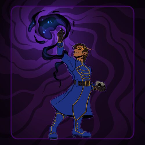 Drawing of the character Dario, character belongs to Erk Ramirez @ erkthemerc. The character is a hafling in a military uniform. In one hand he holds a mask, his other hand is raised as he casts a spell. The magic is inky black with stars. In the background swirls of magic spiral out from the spell. Dario's eyes glow with a golden glow, and he smiles wistfully.