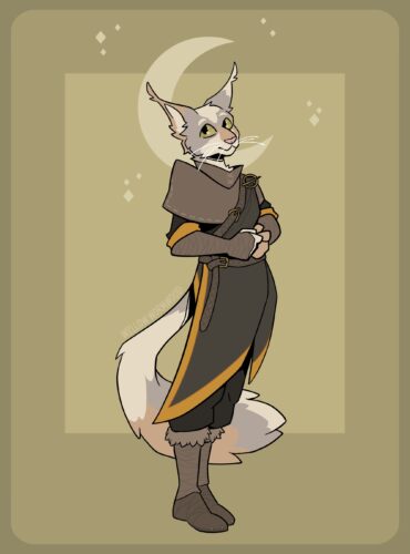 Digital drawing of a khajiit character. They are humanoid and resemble a small housecat, with a light colored calico fur pattern of cream, light grey, and pale orange. They have bright green eyes, a pink nose, and tufts at the end of their large ears. The outfit they wear consists of a travelers or mages robes, with linen wraps around their arms and legs. The robes are shades of grey with gold highlights. The character stands on their tippy toes with their arms hugged close to themself, looking a bit nervous, but mostly happy and content.