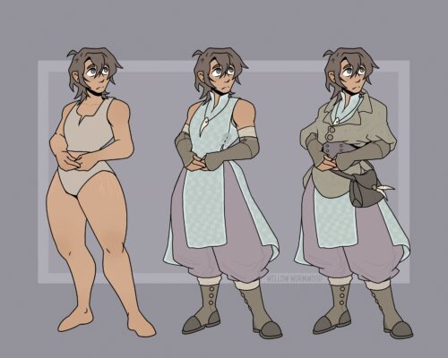 Three drawings of a human character. She has short mousey brown hair, and grey eyes. The drawings show her outfit and the layers, the final outfit has pale blues, purples, and greens as the main colors. Her clothes are good for a life traveling on the road. She wears baggy pants and leather boots, a loose long sleeve shirt over a short sleeve shirt with a high neck. She has a satchel and a necklace with a large canine tooth on the end.