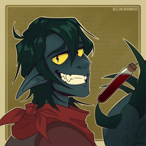 Digital drawing of a character with greyish blue skin and dark teal hair. His eyes are bright yellow with thin pupils like a cat. He looks over his shoulder with a toothy, cheeky grin as he holds a potion vial with a dark red liquid inside.