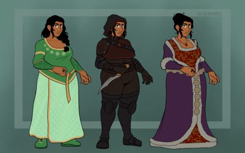 Digital illustration, outfit lineup. An imperial woman with black hair pulled up in a bun, tan skin dotted with freckles, and piercing green eyes. Shows her in three different outfits. The first outfit is a green silk outfit, which she wears while foraging. Second outfit is her uniform for the Dark Brotherhood, a group of assassins. The uniform has dark brown and black leather with dark red accents. She wields a dagger. The third outfit is a fancy purple and burgundy dress which she wears to the Imperial City and on special occasions.