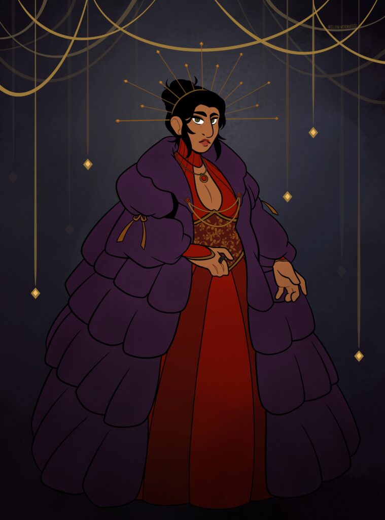 Digital Illustration for the Tumblr Community Elder Scrolls Gala Event. Portrait depicts an imperial woman with black hair pulled up in a bun, tan skin dotted with freckles, and piercing green eyes. Her outfit represents her birthsign, the Lord. She wears a red ballgown and an oversized purple layered coat. Her jewelry is golden, including a headdress resembling the sun's rays. In the background there are golden ribbons hanging from the ceiling.