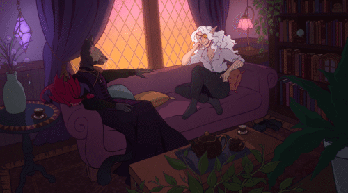 Digital illustration of two characters sitting in a study. One character named Illaes, a tabaxi wizard monk, belongs to Novadaweaver. He is dressed in dark purple and black robes, and has a mesh face covering. A red pygmy wyvern familiar named Yma sits on the couch arm next to them. The other character belongs to me, a white haired elf warlock named Morrigan. They wear a simple outfit, a white shirt and black paints, and a golden eye patch covering one eye. They two lounge in the study, talking while having tea. There is a bookshelf against one wall, plants throughout the room, and purple and pink lanterns lighting the room, along with the orange sunset coming through the windows behind the characters. Cozy vibes.