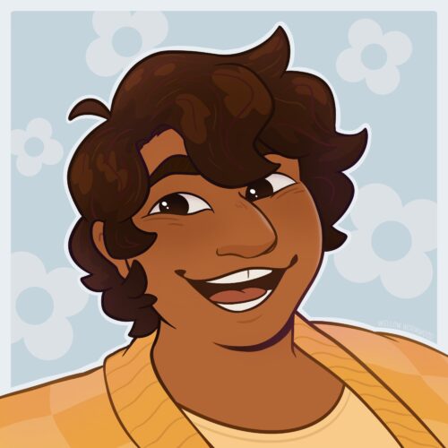 Digital portrait drawing of my character named Niessus. He's smiling happily.