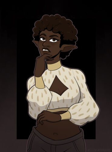 Digital drawing of my elven character named Styx Acherontia. One hand is held up towards their face, looking down at the viewer. They look a bit annoyed, or questioning. They're wearing a croptop with long sleeves. They have dark skin and tightly coiled dark brown / black hair.